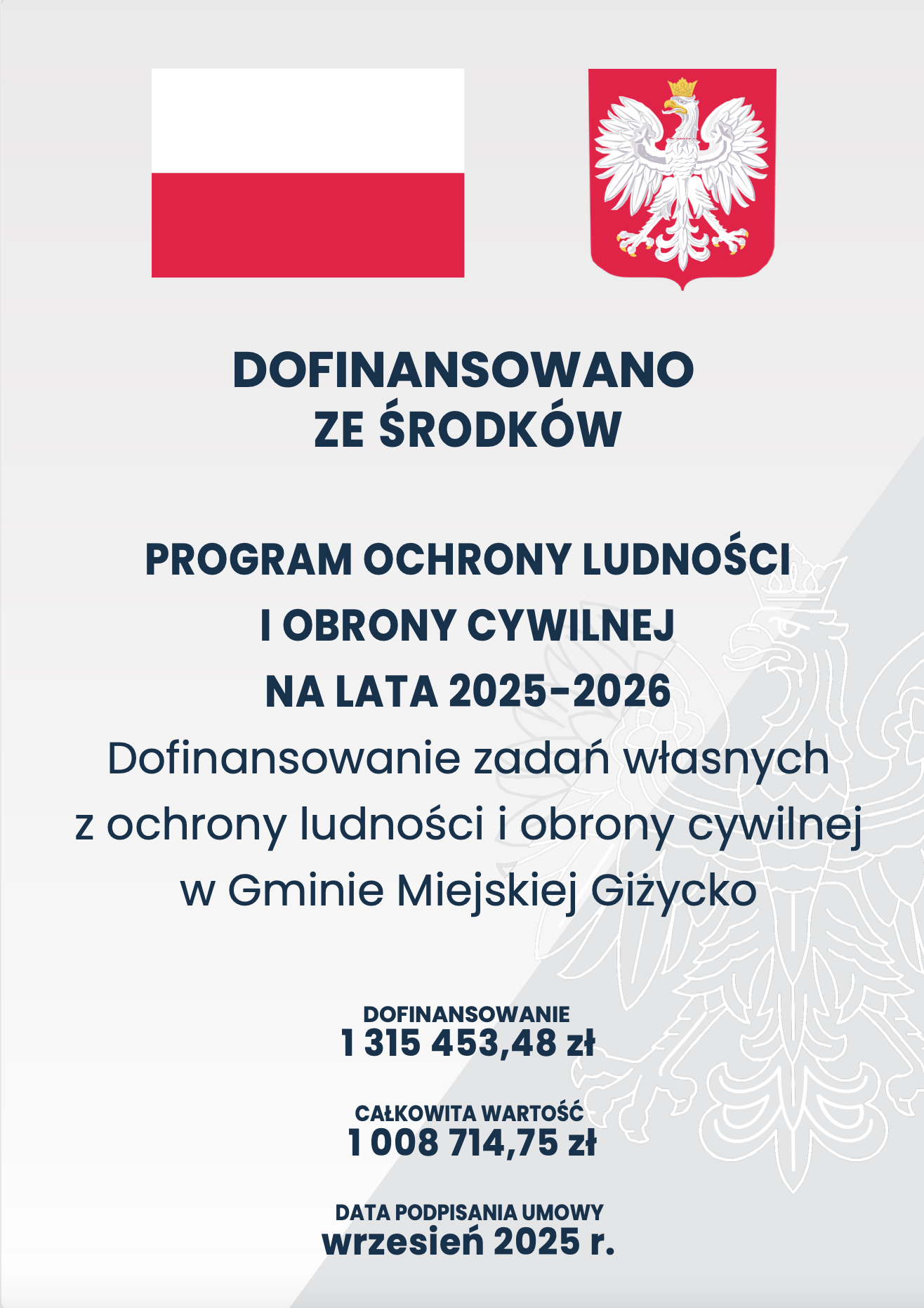 Tablica informacyjna o dofinansowaniu ze środków rządowych. Na górze znajduje się flaga Polski oraz godło państwowe. Poniżej napis: „Dofinansowano ze środków Program Ochrony Ludności i Obrony Cywilnej na lata 2025–2026”. Informacja dotyczy dofinansowania zadań własnych z zakresu ochrony ludności i obrony cywilnej w Gminie Miejskiej Giżycko. Podano kwoty: dofinansowanie 1 315 453,48 zł, całkowita wartość 1 008 714,75 zł. Na dole widnieje data podpisania umowy – wrzesień 2025 r. W tle znajduje się jasna grafika z konturem orła.